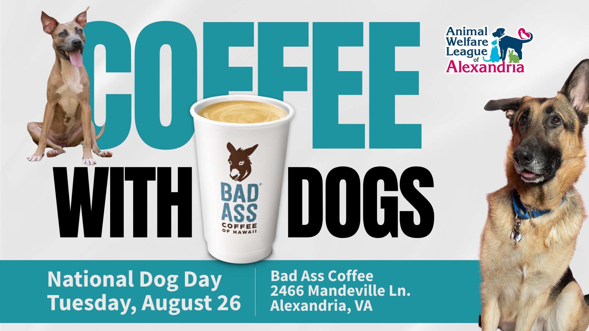 Coffee with Dogs on August 26th at Bad Ass Coffee in Alexandria, VA
