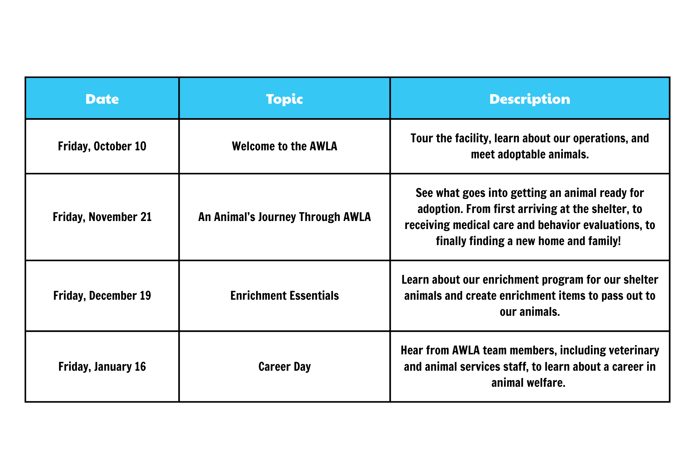 AWLA special event dates